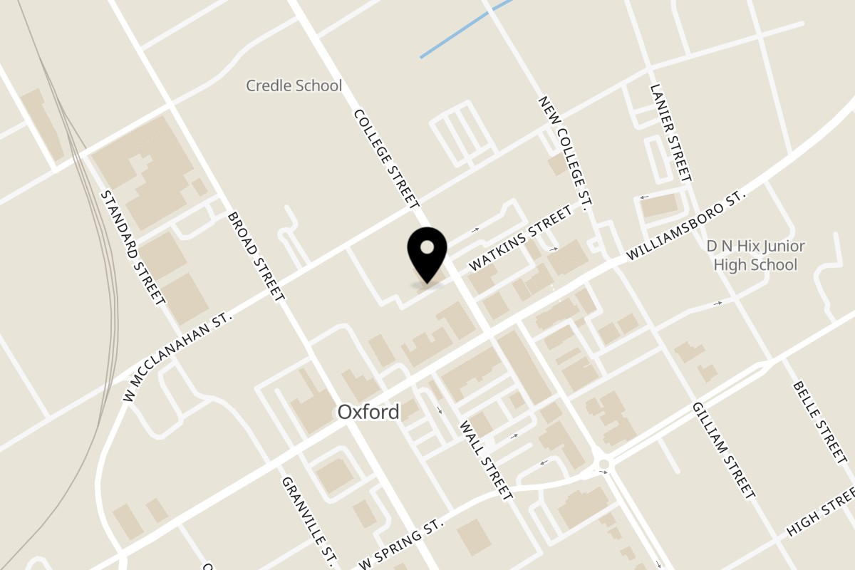 Map showing the location of Verdigris Restaurant at Oxford Oaks Distillery on 127 College St in Oxford